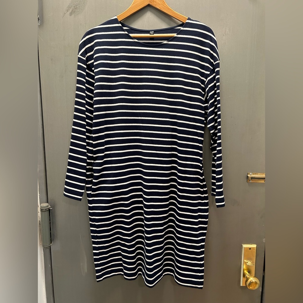 New Uniqlo Navy and White striped boat dress, 3/4 sleeve with pockets size L